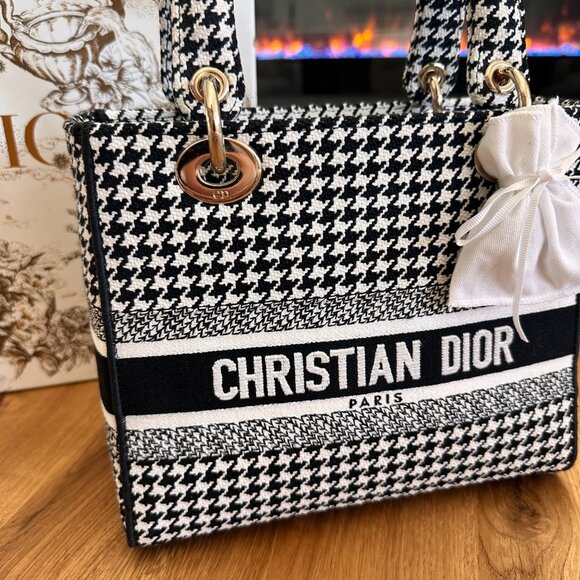 DIOR Medium Lady D-Lite Bag  Black and White Houndstooth Embroidery - Picture 2 of 11